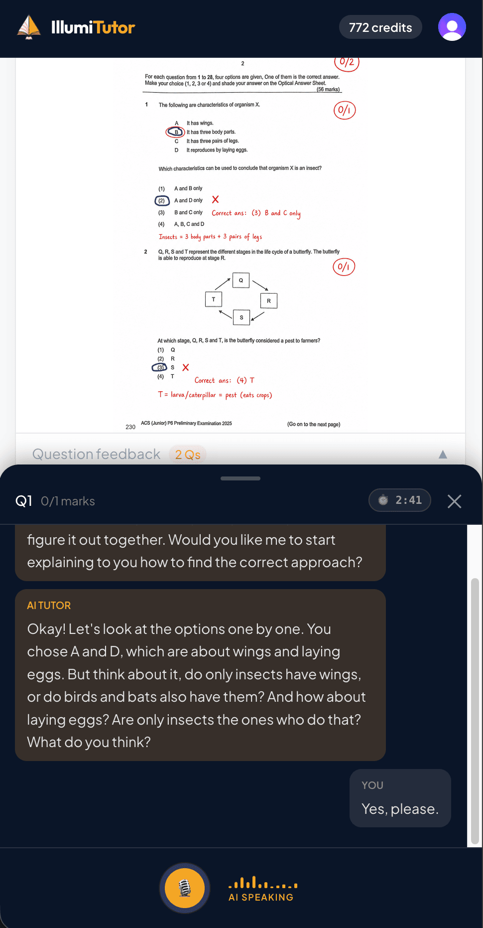 AI Tutor voice session: the tutor speaks and listens in real time while guiding a student through a question